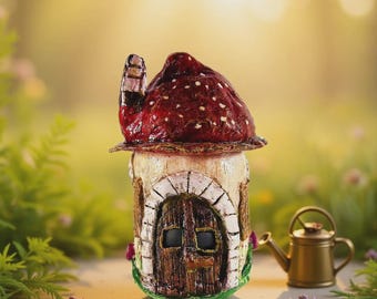 Maison de fées en pot faite main en forme de champignon : toit en champignons et porte en bois.
