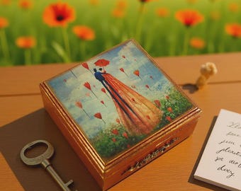 Coffret à bijoux artisanal, couple vintage sur échasses avec parapluie, style rétro romantique, rangement pour bibelots, luxe