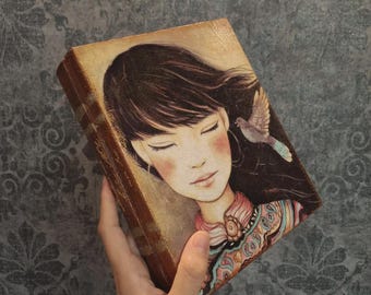 Boîte à bijoux artisanale, style bohème, avec oiseau, inspirée d'un livre, rangement luxueux pour petits objets, décoration de bibliothèque