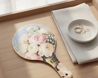 Miroir de poche en bambou personnalisé : roses, fleurs roses et blanches, fait main