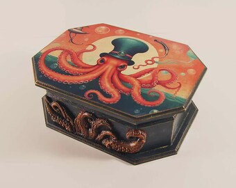 Boîte Steampunk artisanale, illustration originale de pieuvre, rangement unique pour petits objets, cadeau pour lui