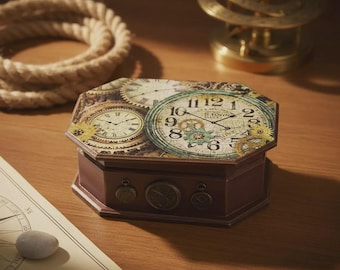 Boîte à horloge artisanale, motif engrenages steampunk, rangement à bijoux original, cadeau pour homme