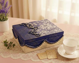 Boîte à bijoux artisanale, motif floral bleu vintage, rangement pour le thé et les petits objets, luxe