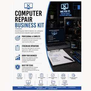 Può includere: Una pubblicità per un kit di riparazione computer con il testo COMPUTER REPAIR BUSINESS KIT, WE FIX IT e SYSTEM DIAGNOSTIC. L'immagine mostra un portatile, una scheda di riparazione, una tazza nera e varie icone di servizi professionali.