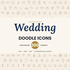 May include: A digital graphic featuring the text JEDAYDESIGN Wedding DOODLE ICONS HAND DRAWN 200 ELEMENTS SVG PNG PDF COMMERCIAL LICENCE. The background is a light cream colour patterned with numerous small, thin-lined wedding-themed icons.