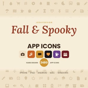 Può includere: Un set grafico digitale intitolato JEDAYDESIGN Fall & Spooky APP ICONS con 2480 icone di app disegnate a mano. L'immagine mostra sei icone quadrate con simboli di fotocamera, nota musicale, fumetto, cuore, tazza di caffè e calendario su sfondo beige.