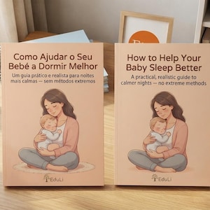 May include: Two soft-cover books with light peach covers featuring an illustration of a person holding a sleeping baby. The left book is titled "Como Ajudar o Seu Bebé a Dormir Melhor" and the right book is titled "How to Help Your Baby Sleep Better."