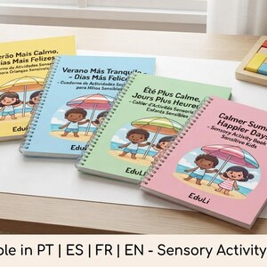 May include: Four spiral-bound sensory activity books in yellow, light blue, light green, and pink. Each cover features a beach illustration with children under a parasol and the text Calmer Summer, Happier Days. A wooden puzzle is also visible.