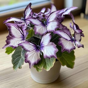 May include: A potted plant featuring multiple white and purple butterfly-shaped ornaments attached to green leaves. The plant is housed in a simple, solid white cylindrical pot. The butterfly decorations have distinct dark purple edges and white centers.
