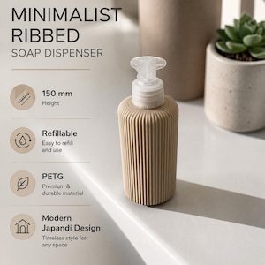Può includere: Un dispenser di sapone beige a coste con un meccanismo a pompa trasparente. Il prodotto è etichettato NOABIX e presenta un testo che indica un'altezza di 150 mm, funzionalità ricaricabile, materiale PETG e un design moderno.