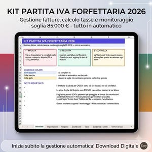 May include: A digital spreadsheet displayed on a tablet screen titled KIT PARTITA IVA FORFETTARIA 2026. The interface includes sections for invoice management, tax calculation, and monitoring, with tabs for instructions, settings, registry, dashboard, taxes, deadlines, and terms.