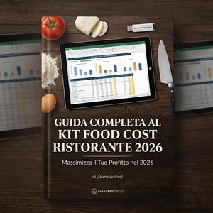 Può includere: Un libro intitolato GUIDA COMPLETA AL KIT FOOD COST RISTORANTE 2026 con il sottotitolo Massimizza il Tuo Profitto nel 2026 di [Nome Autore] e il logo GASTROPRESS, che mostra un tablet con un foglio di calcolo, un coltello e una calcolatrice.