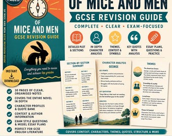May include: A 30-page Of Mice and Men GCSE revision guide featuring a teal and orange cover with a rabbit silhouette and compass graphic. The guide includes detailed plot summaries, character analysis for George, and themes like the American Dream.