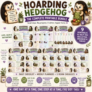 Könnte beinhalten: Ein druckbares Set mit dem Titel Hoarding Hedgehog, das neun Seiten umfasst, darunter eine tägliche Checkliste, Wochenplaner und Raum-Checklisten. Die Seiten sind mit Igel-Illustrationen und Text zur Organisation versehen.
