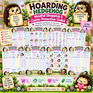 Op de afbeelding: Een digitale toolkit genaamd Hoarding Hedgehog met printbare werkbladen voor bewust winkelen en het voorkomen van rommel. De set bevat diverse trackers, checklists en kalenders versierd met getekende egels, bloemen en hartjes.