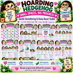 Peut inclure: Un kit de désencombrement numérique intitulé Hoarding Hedgehog comprenant plusieurs guides, listes de contrôle et outils de suivi imprimables. Le design inclut des hérissons, des cœurs roses et du texte comme Small Steps Brighter Days et A Calmer Home.