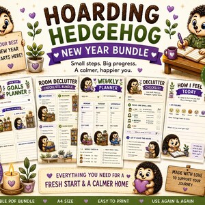 Könnte beinhalten: Ein digitales, druckbares Planer-Set mit dem Titel Hoarding Hedgehog New Year Bundle, das Igel-Illustrationen und sechs Planer-Seiten enthält, darunter Ziele, Raum-Entrümpelung, Wochenplaner, Checklisten und tägliche Affirmationen.