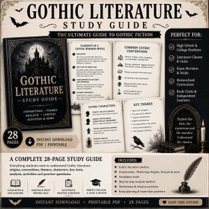 May include: A 28-page Gothic Literature study guide in PDF format. The cover features a castle silhouette under a full moon. The guide includes sections on common conventions, gothic characters, key themes, and elements of a gothic horror novel.