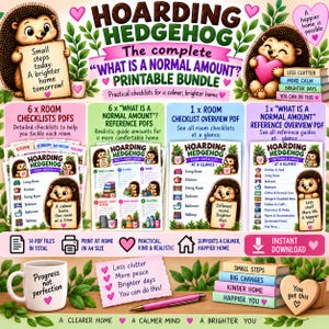 Peut inclure: Un ensemble imprimable intitulé Hoarding Hedgehog comprenant des listes de contrôle et des guides de référence pour l'organisation de la maison. Le lot inclut 14 fichiers PDF avec des illustrations de hérissons, du texte et des listes.