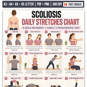 May include: A Scoliosis Daily Stretches Chart featuring 16 gentle movements with illustrations of people performing exercises like chin tucks, neck tilts, and shoulder rolls. The text includes instructions for each movement and a disclaimer to consult a physiotherapist first.