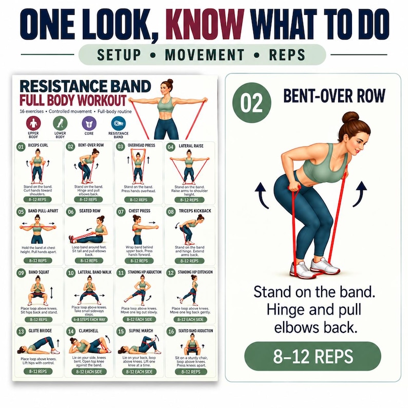 Resistance Band Workout Poster, 16 Full Body Exercises, Printable ...