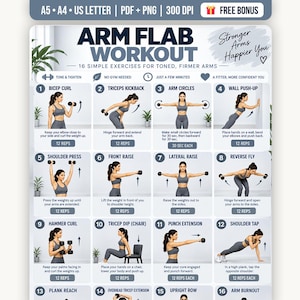 Peut inclure: Une affiche d'entraînement intitulée ARM FLAB WORKOUT présentant 16 exercices illustrés avec des instructions pour tonifier les bras. Le document indique les formats A5, A4 et US Letter, une résolution de 300 DPI et une icône de cadeau gratuit.