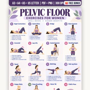 Può includere: Un poster digitale intitolato Pelvic Floor Exercises for Women che mostra sedici illustrazioni numerate di una persona in abbigliamento sportivo viola che esegue vari movimenti fisici con istruzioni testuali per ogni esercizio.