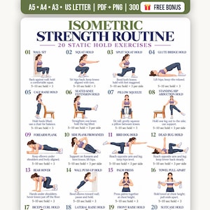 以下が含まれることがあります： 「Isometric Strength Routine」と題された20種類の静的ホールドエクササイズを紹介する指導用ポスター。各番号付きセクションには、特定の動作を行う人物のデジタルイラストと、テキストによる手順および保持時間が記載されています。