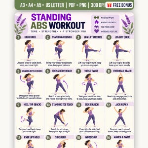 May include: A digital fitness chart titled Standing Abs Workout featuring sixteen numbered illustrations of a person in purple athletic wear performing various exercises with instructional text for each movement, decorated with lavender sprigs.