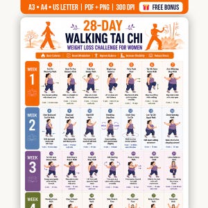 May include: A 28-day walking Tai Chi challenge chart featuring illustrations of a person performing various movements. The document includes text headers, weekly schedules, numbered exercise steps, and icons for health benefits in orange, blue, and purple.