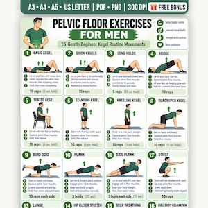 以下が含まれることがあります： Pelvic Floor Exercises for Menというタイトルのデジタル指導用ポスターで、16の番号付きエクササイズ動作のイラストが掲載されています。各ルーチンのテキスト説明（Basic Kegel、Bridge、Squatなど）と、回数が記載されています。