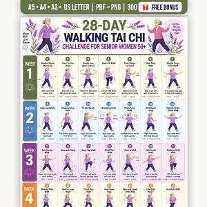 Puede incluir: Un gráfico de desafío de caminata Tai Chi de 28 días para personas mayores con ilustraciones de una persona realizando varios movimientos. El documento incluye secciones semanales con pasos numerados, nombres de ejercicios e instrucciones para cada actividad.