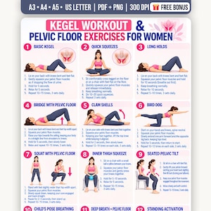 Puede incluir: Un cartel digital titulado Kegel Workout & Pelvic Floor Exercises for Women, que presenta doce ilustraciones numeradas de una persona realizando varios ejercicios con instrucciones de texto paso a paso para cada movimiento.