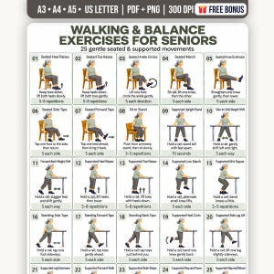 Può includere: Un grafico digitale intitolato Walking & Balance Exercises for Seniors con 25 illustrazioni numerate di una persona che esegue movimenti da seduta e supportati. Il documento include istruzioni testuali per ogni esercizio.