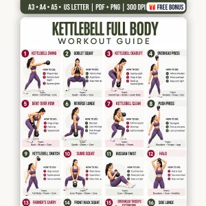 May include: A Kettlebell Full Body Workout Guide poster featuring twelve numbered exercise illustrations. Each section displays a person in purple athletic wear performing movements with a black kettlebell, accompanied by step-by-step instructions.