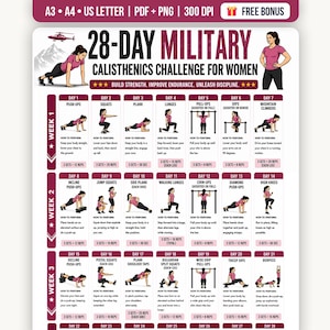 May include: A 28-day military calisthenics challenge chart featuring illustrated exercise instructions for each day. The document includes a weekly breakdown, specific movement descriptions, and rep counts, presented in a grid format with maroon accents.