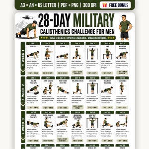 May include: A 28-day military calisthenics challenge poster featuring a grid of daily exercise illustrations with instructions and repetition counts. The document includes text headers, week labels, and a mountain graphic at the top.