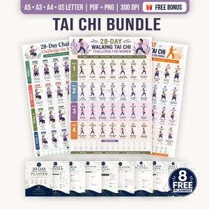 May include: A Tai Chi bundle featuring a 28-day walking challenge chart, a 28-day chair challenge chart, and 8 free planners. The charts display illustrated exercise sequences with text labels for each day, organized by weeks, in A5, A3, A4, and US Letter sizes.