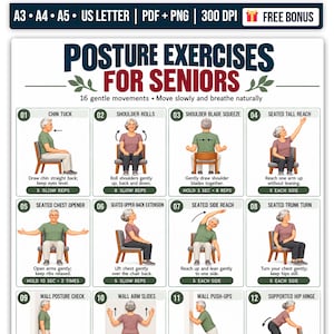 May include: A digital poster titled Posture Exercises for Seniors featuring 16 illustrated movements. The chart includes instructions for chin tucks, shoulder rolls, and seated reaches, with text detailing repetitions and breathing guidance.