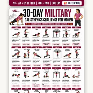 May include: A 30-day military calisthenics challenge chart for women featuring a grid of daily exercises with illustrations, instructions, and repetition counts. The document includes a helicopter icon, mountain graphic, and text headers.