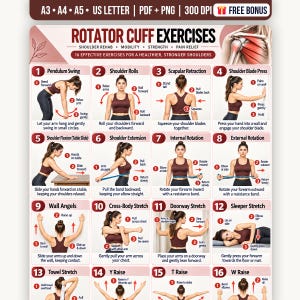 Peut inclure: Une affiche numérique intitulée Rotator Cuff Exercises présentant 16 panneaux d'instructions numérotés. Chaque panneau montre une personne en haut bordeaux démontrant des mouvements d'épaule avec des textes, des flèches et des schémas.
