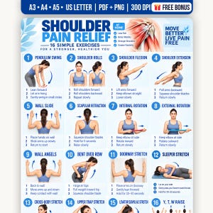 Op de afbeelding: Een instructieposter getiteld Shoulder Pain Relief met 16 genummerde oefenschema's. Elke sectie bevat een blauwe genummerde cirkel, een beschrijvende titel, een illustratie van een persoon die de beweging uitvoert en stapsgewijze tekstinstructies.