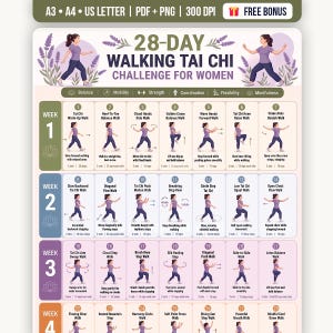 Peut inclure: Un tableau de défi de marche Tai Chi de 28 jours avec des illustrations d'une personne effectuant divers mouvements. La grille comprend quatre semaines d'exercices avec des étapes numérotées, des titres descriptifs et des instructions.