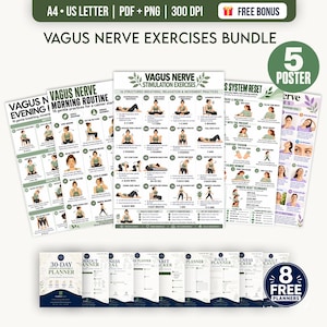 Può includere: Un pacchetto digitale di poster con esercizi per il nervo vago e planner di 30 giorni. I poster presentano istruzioni illustrate per pratiche di respirazione, rilassamento e movimento. Formati A4 e US Letter, file PDF e PNG.