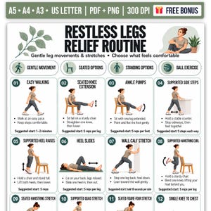 Op de afbeelding: Een oefenoverzicht getiteld Restless Legs Relief Routine met twaalf genummerde illustraties. De gids bevat diagrammen voor wandelen, zittende knie-extensies, enkelpompen, zijwaartse stappen, hielverhogingen, glijbewegingen en diverse rekoefeningen.