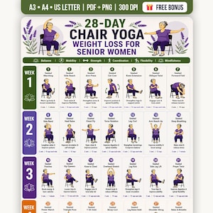 Op de afbeelding: Een 28-daags stoelyoga-oefenschema voor senioren met illustraties van een persoon in een paars shirt en donkere broek die diverse zittende houdingen uitvoert. Het document bevat een weekschema, genummerde stappen en beschrijvende teksten.