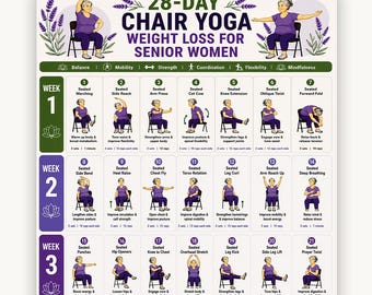 May include: A 28-day chair yoga exercise chart for seniors featuring illustrations of a person in a purple shirt and dark pants performing various seated poses. The document includes a weekly schedule, numbered steps, and text detailing specific movements.