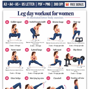 Leg Day Workout for Women, Quads Glutes Hamstrings Calves Exercises, Dumbbell Barbell Gym Machine Chart Push Pull Legs Printable PDF Poster