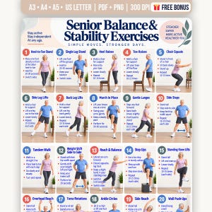 Könnte beinhalten: Ein digitales Poster mit dem Titel Senior Balance & Stability Exercises, das zwanzig nummerierte Schritte mit Illustrationen von Personen zeigt, die Bewegungen wie Fersen-Zehen-Stand, Kniestützen und Ausfallschritte mit Textanleitungen ausführen.