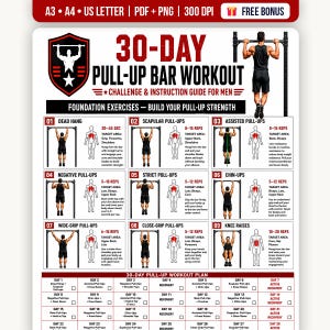 May include: A 30-day pull-up bar workout guide featuring a red and black shield logo, instructional diagrams for nine exercises including dead hangs and chin-ups, and a daily tracking chart. The poster includes text detailing target areas and reps.